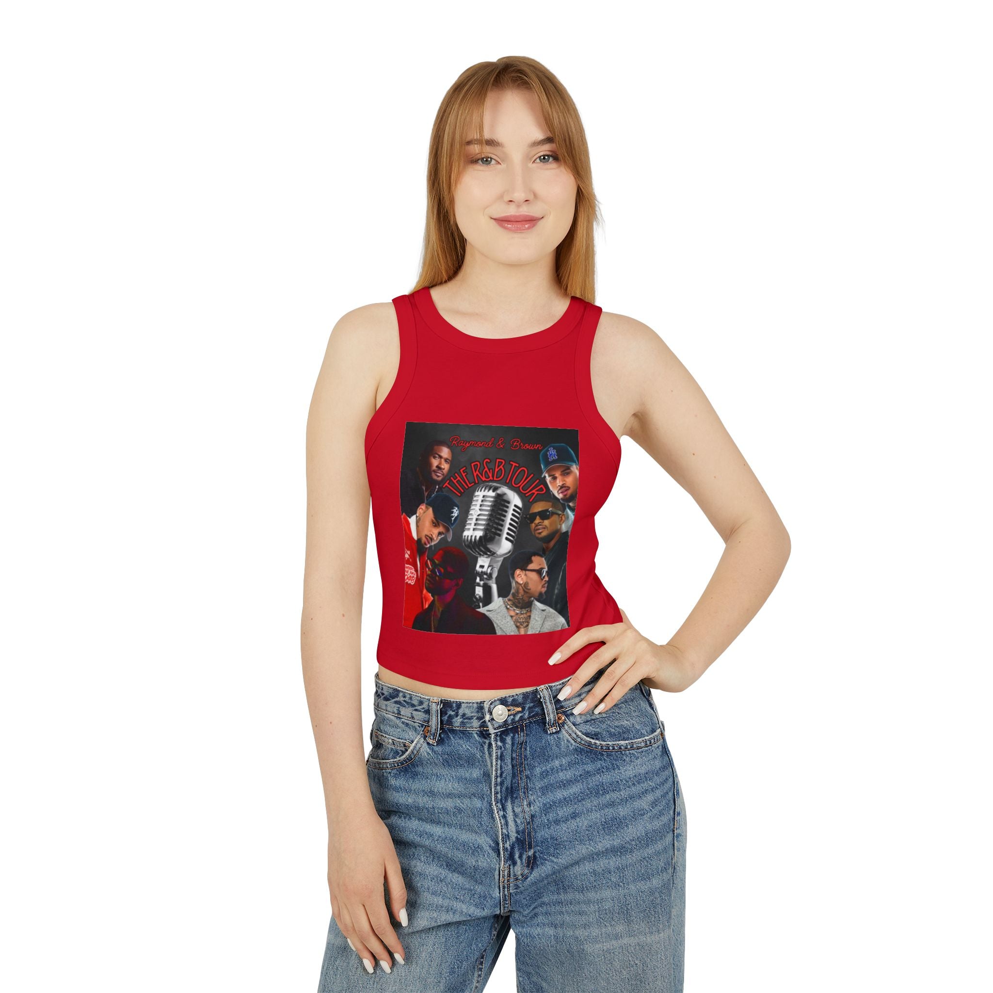R&B Mic Check Rib Racer Tank Top — Vintage Tour Collage Graphic