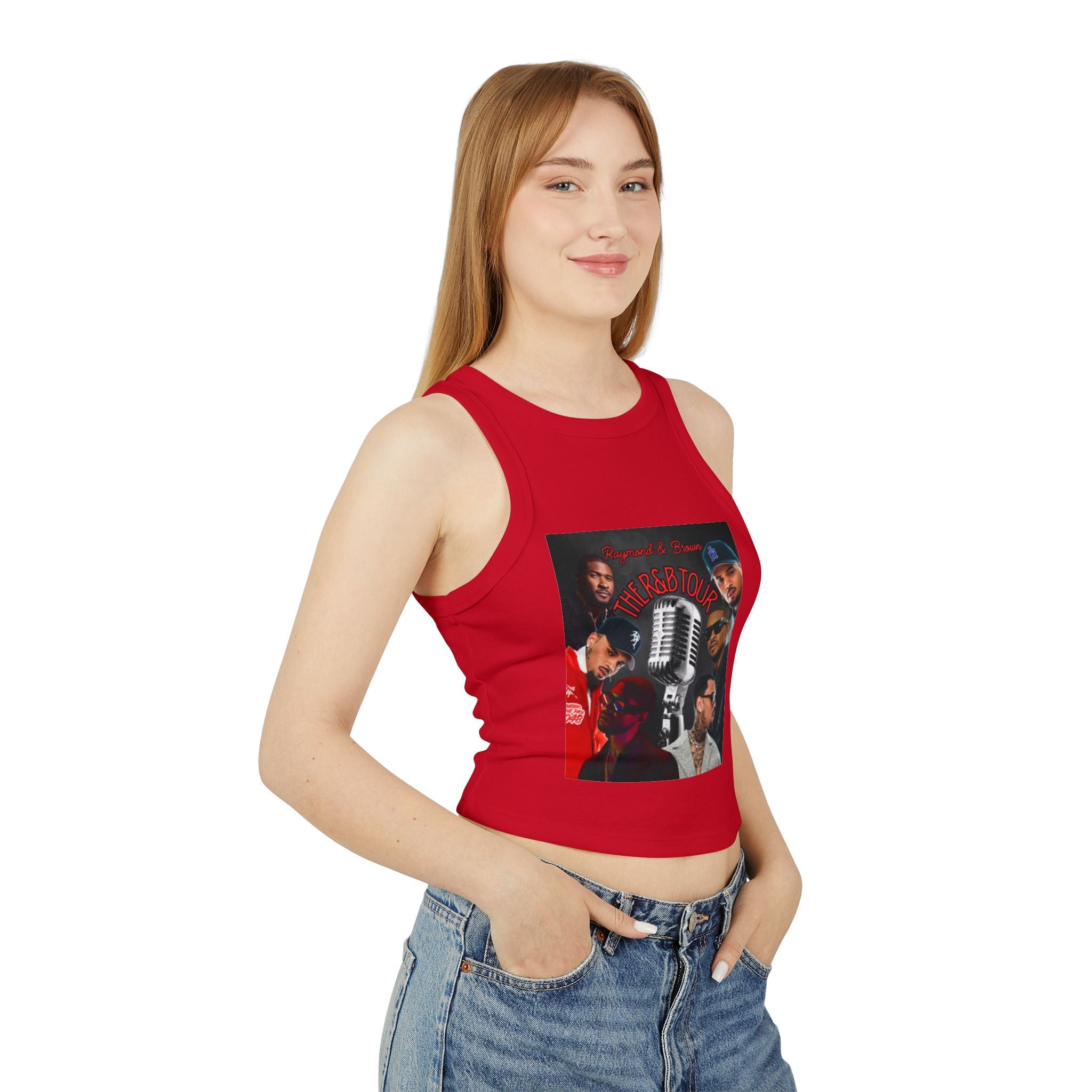 R&B Mic Check Rib Racer Tank Top — Vintage Tour Collage Graphic